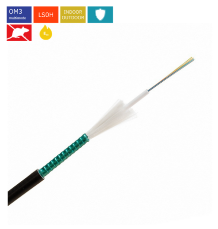 8 ОВ армиран central loose tube кабел, Euroclass Dca, OM3 50/125 μm, безхалогенна изолация, гофрирана стоманена армировка, конструкция от 1 туба, пълнеж с гел блокиращ водата, елементи за якост от стъклени нишки, устойчив на механично
