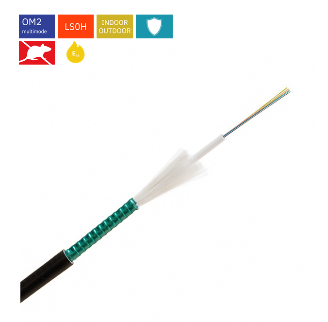 12 ОВ армиран central loose tube кабел, Euroclass Dca, OM2 50/125 μm, безхалогенна изолация, гофрирана стоманена армировка, конструкция от 1 туба, пълнеж с гел блокиращ водата, елементи за якост от стъклени нишки, устойчив на механично