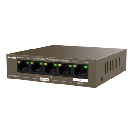 Tenda TEG1105PD — Gigabit PoE удължител с 1 PoE вход и 4 PoE изхода