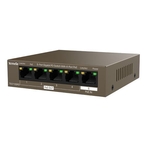 Tenda TEG1105PD — Gigabit PoE удължител с 1 PoE вход и 4 PoE изхода Tenda TEG1105PD — Gigabit PoE удължител с 1 PoE вход и 4 PoE изхода