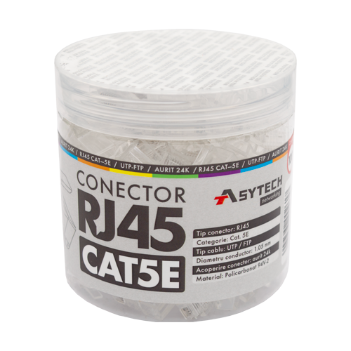 RJ45-CAT5E-JAR — неекранирани RJ45 Cat5e конектори, буркан 100 бр. RJ45-CAT5E-JAR — неекранирани RJ45 Cat5e конектори, буркан 100 бр.