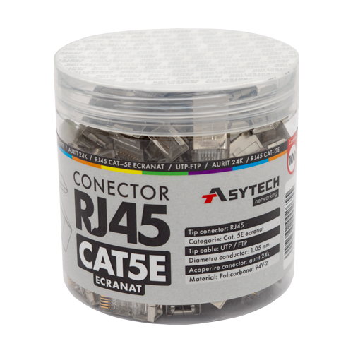 RJ45M-CAT5E-JAR — екранирани RJ45 Cat5e конектори, буркан 100 бр. RJ45M-CAT5E-JAR — екранирани RJ45 Cat5e конектори, буркан 100 бр.