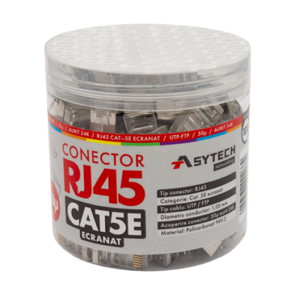 RJ45M-CAT5E-50U-JAR — екранирани RJ45 Cat5e конектори, буркан 100 бр.