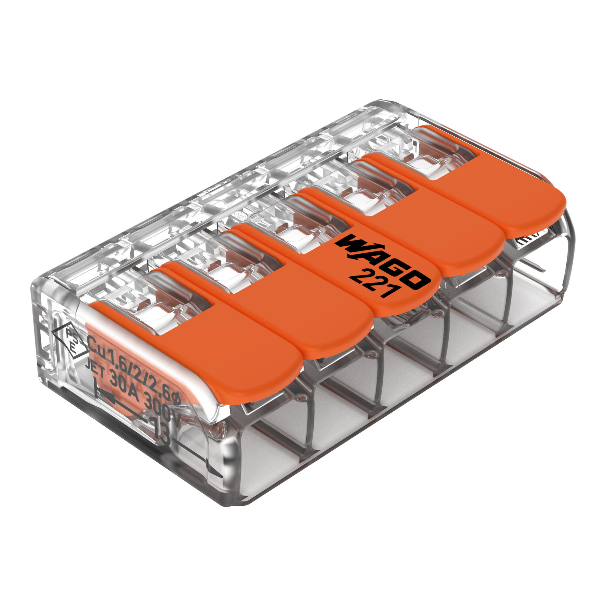 WAGO 221-615 — конектори с лостове, 5 проводника, до 6 mm², 15 бр. WAGO 221-615 — конектори с лостове, 5 проводника, до 6 mm², 15 бр.