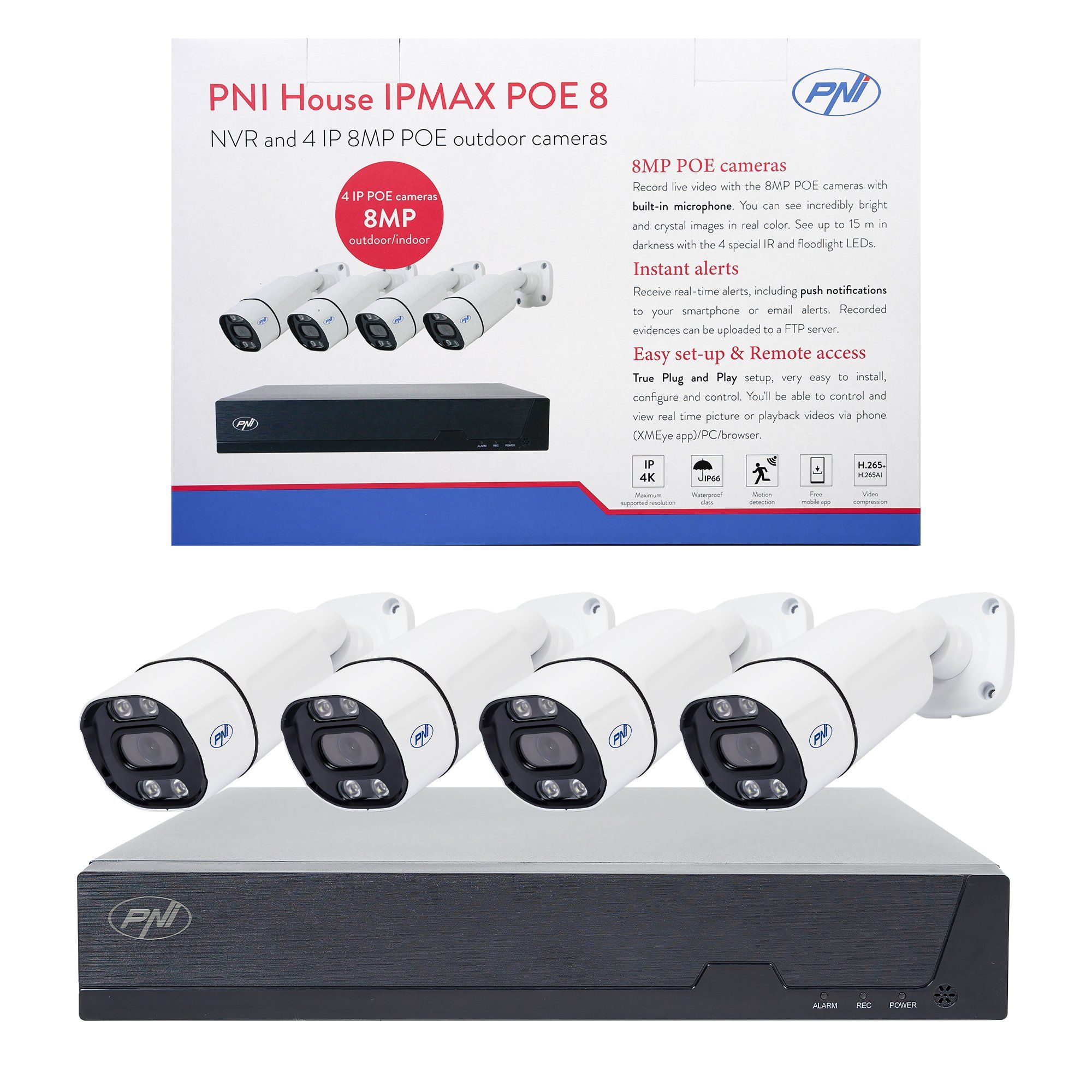 PNI-IP-POE8 IPMAX POE 8 комплект с 4 камери 8 MP и 10-канален NVR PNI-IP-POE8 IPMAX POE 8 комплект с 4 камери 8 MP и 10-канален NVR