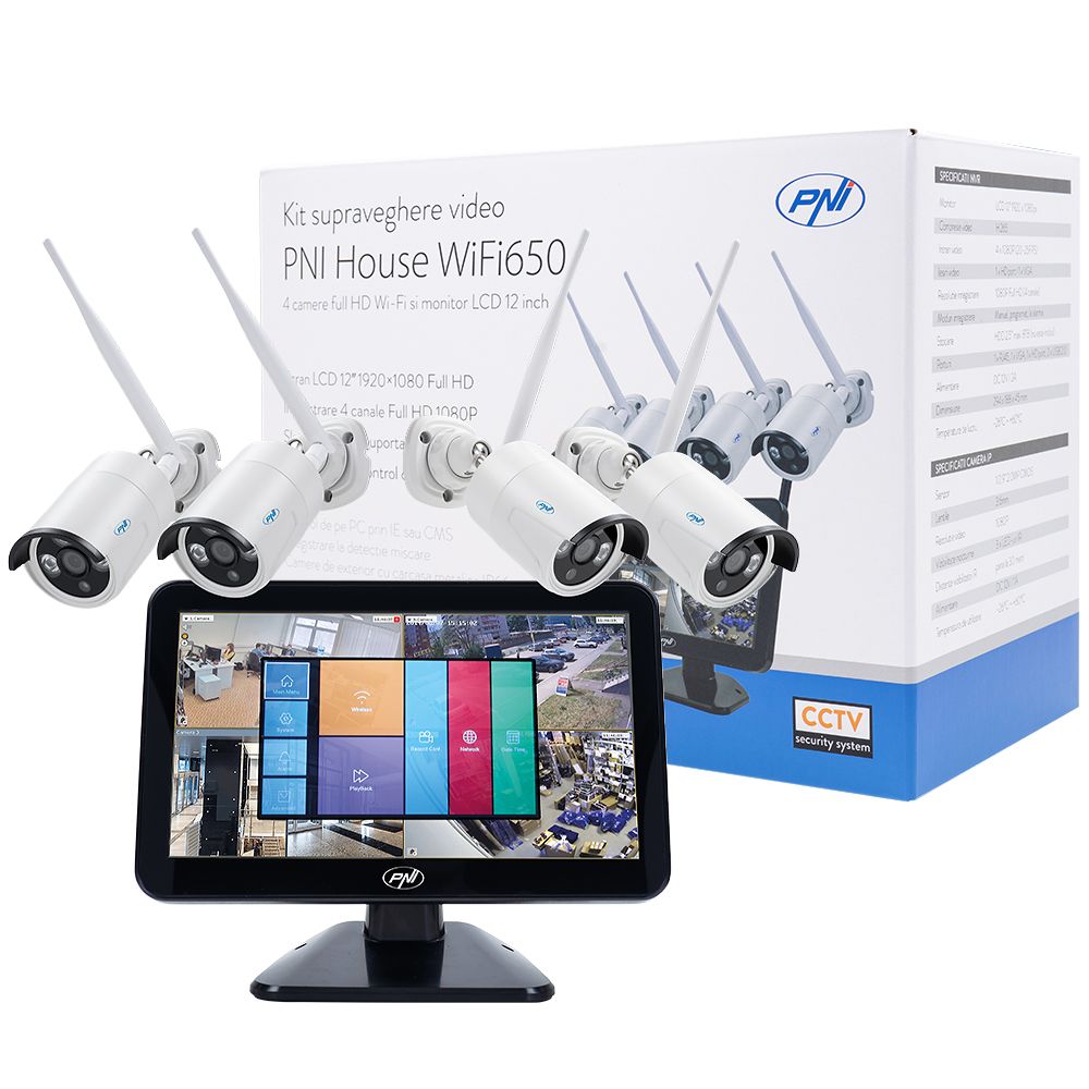 PNI-HSWIFI650 WiFi650 комплект с 4 Wi-Fi камери 2 MP и 12-инчов NVR монитор PNI-HSWIFI650 WiFi650 комплект с 4 Wi-Fi камери 2 MP и 12-инчов NVR монитор