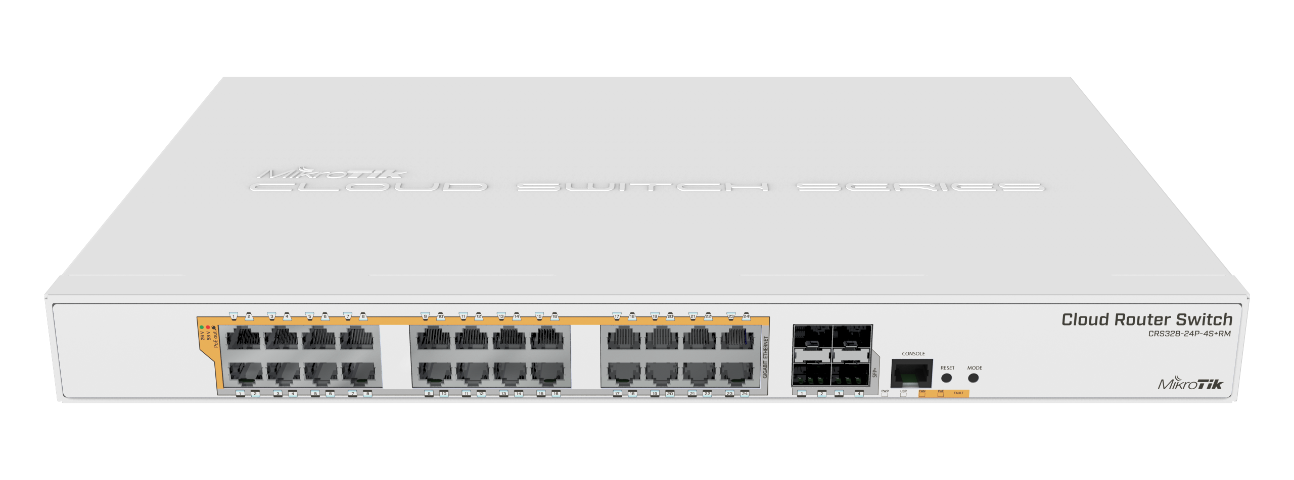 Превключвател за управление 24 x Gigabit PoE+ Out 450W, 4 x SFP+ 10Gbps - Mikrotik CRS328-24P-4S+RM Превключвател за управление 24 x Gigabit PoE+ Out 450W, 4 x SFP+ 10Gbps - Mikrotik CRS328-24P-4S+RM