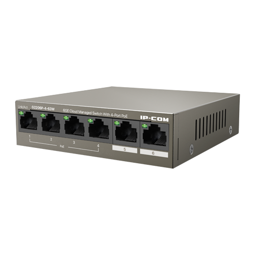 Управляем Суич IP-COM G2206P-4-63W с 4 PoE+ Порта Управляем Суич IP-COM G2206P-4-63W с 4 PoE+ Порта