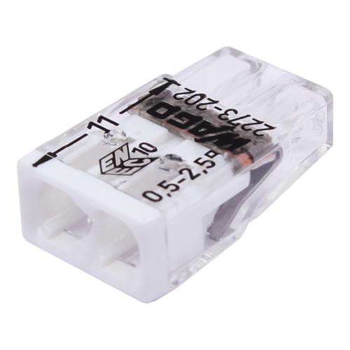 Компактен конектор за снаждане, 2 проводника, макс. 2,5 mm² (100 бр.) - WAGO 2273-202 — опаковка от 100 броя Компактен конектор за снаждане, 2 проводника, макс. 2,5 mm² (100 бр.) - WAGO 2273-202 — опаковка от 100 броя