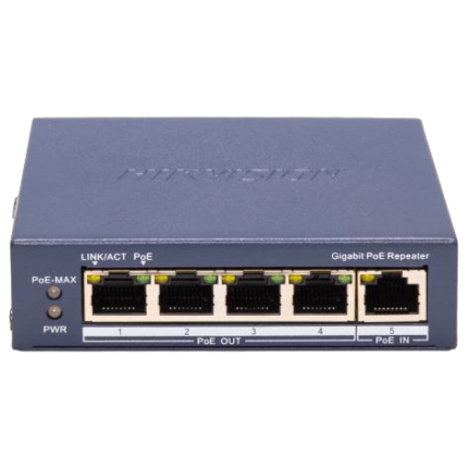 Hikvision DS-3E0505P-E/R — Gigabit PoE повторител, 1 вход и 4 изхода
