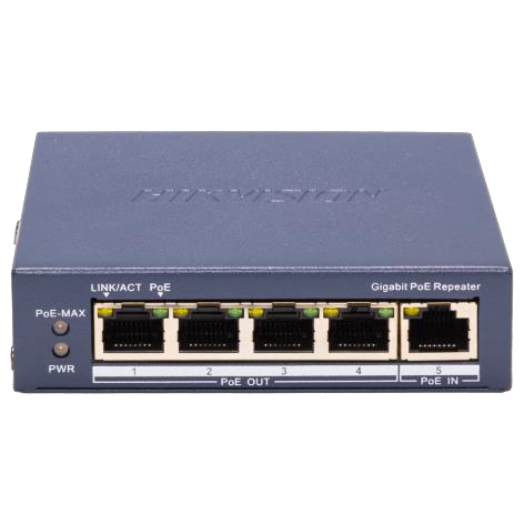 Hikvision DS-3E0505P-E/R — Gigabit PoE повторител, 1 вход и 4 изхода